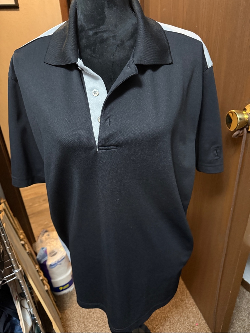 Champion Black Polo with Light Gray Placket and Shoulder Stripes